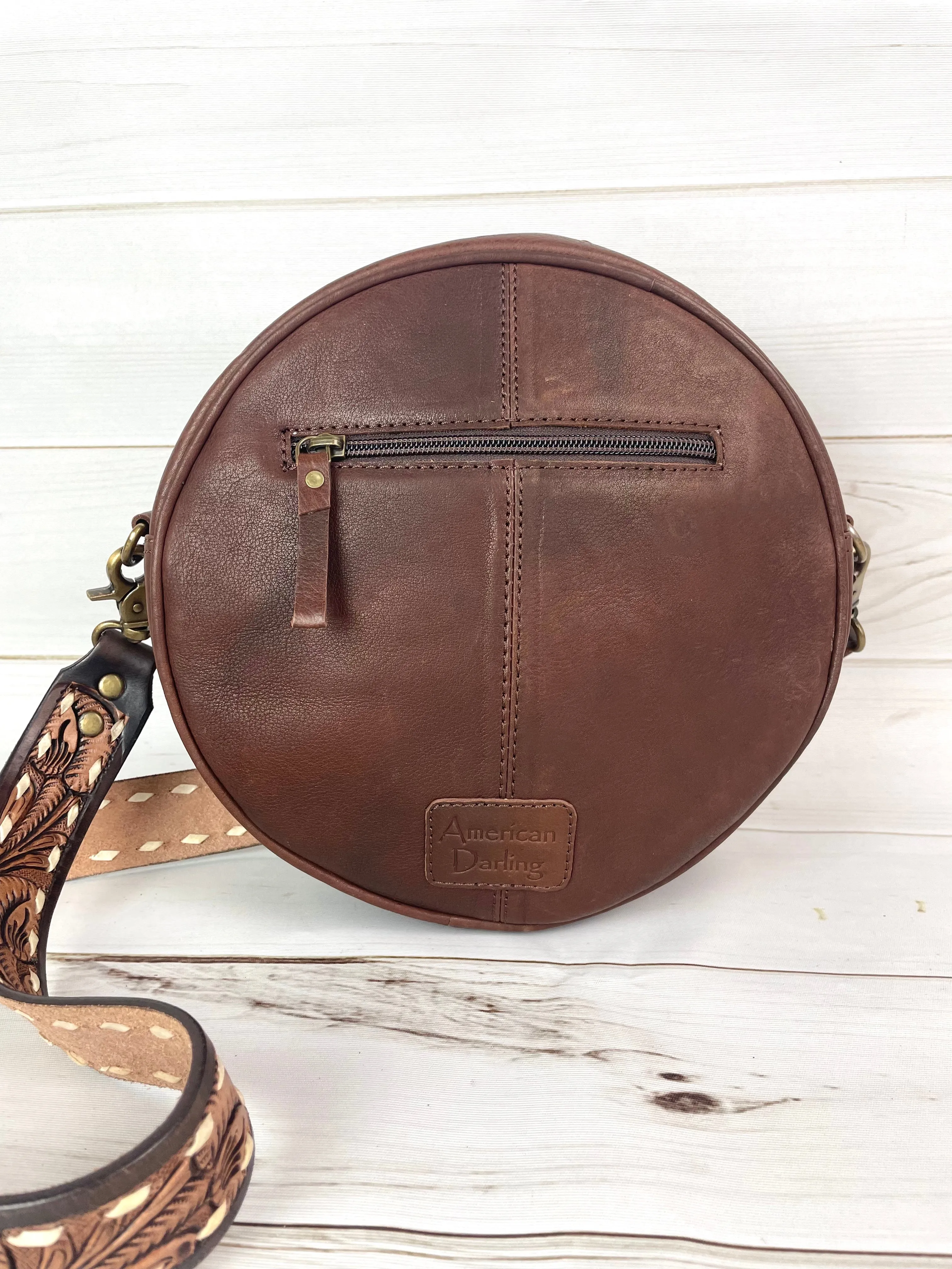 Floral Leather Tooled Buckstitch Round Canteen Crossbody Purse