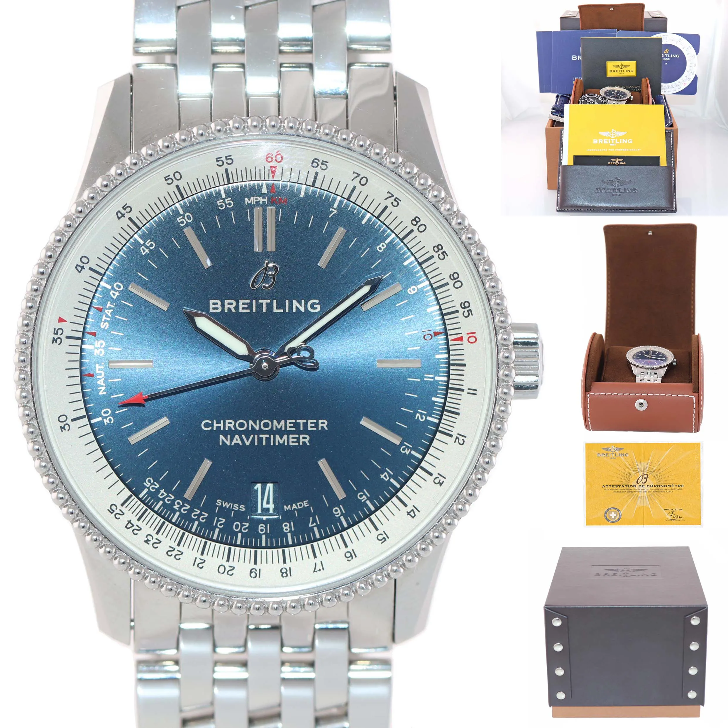 NEW UNWORN Breitling Navitimer 1 A17325 Steel 38mm Automatic Blue Date Watch